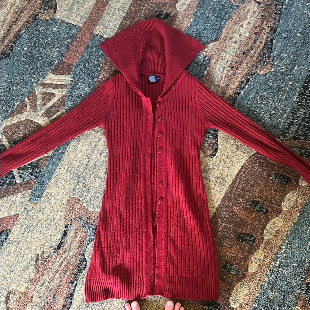 Red Long-collared Button-Up Women's Sweater